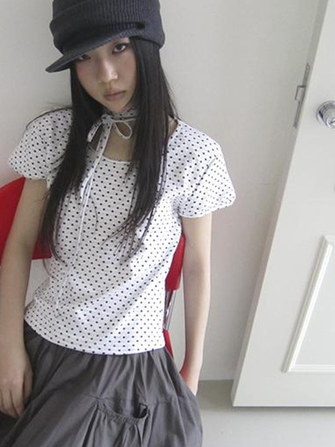 Updateang project Korean Inspired Dot Print Short Sleeve Tee With Scarf