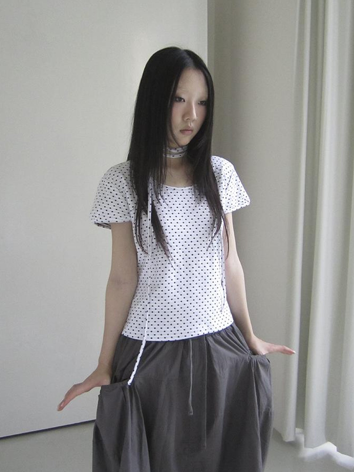 Updateang project Korean Inspired Dot Print Short Sleeve Tee With Scarf