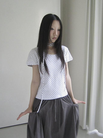 Updateang project Korean Inspired Dot Print Short Sleeve Tee With Scarf