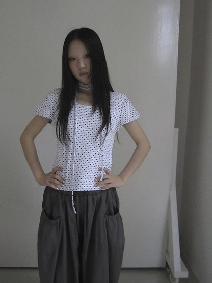Updateang project Korean Inspired Dot Print Short Sleeve Tee With Scarf