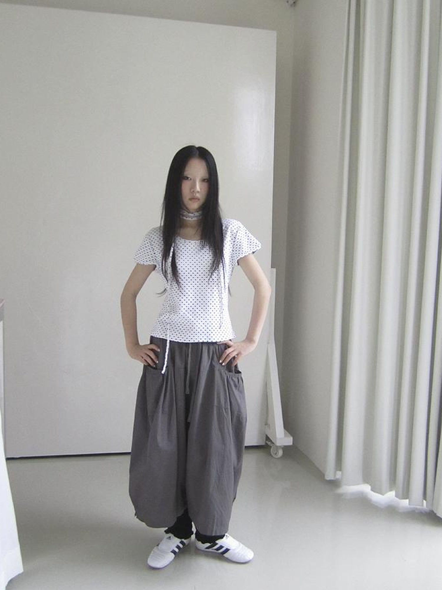 Updateang project Korean Inspired Dot Print Short Sleeve Tee With Scarf