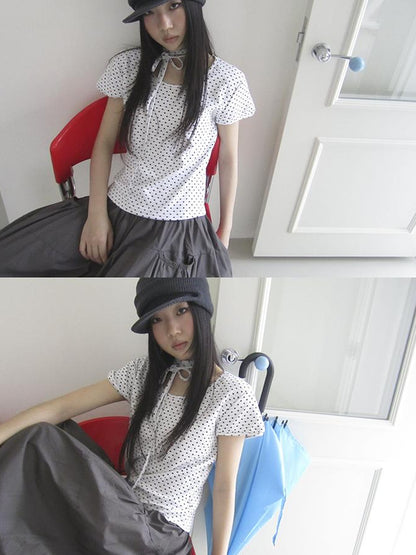 Updateang project Korean Inspired Dot Print Short Sleeve Tee With Scarf