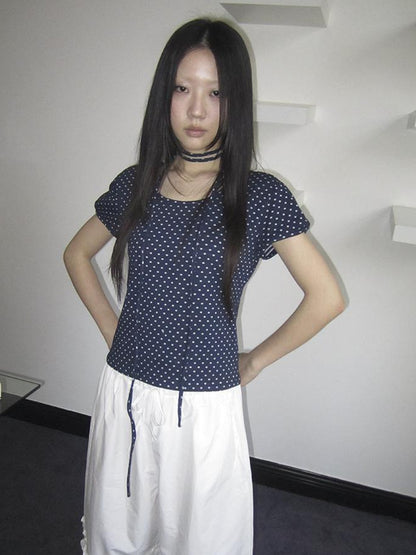 Updateang project Korean Inspired Dot Print Short Sleeve Tee With Scarf