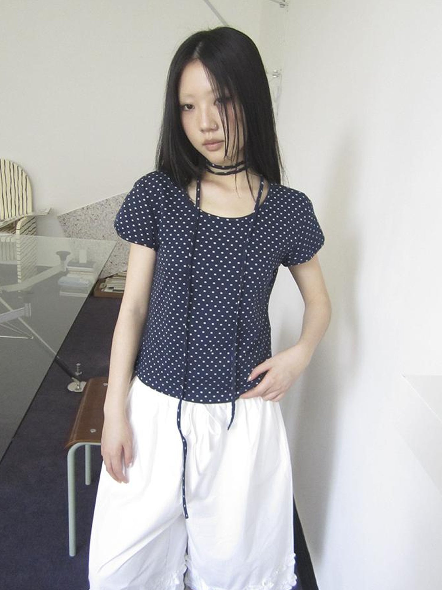 Updateang project Korean Inspired Dot Print Short Sleeve Tee With Scarf