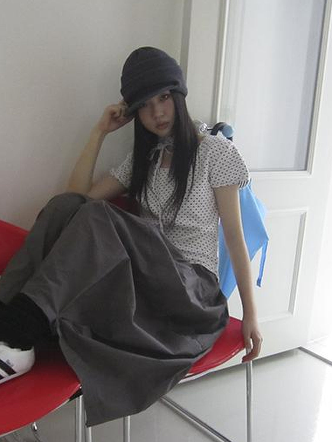 Updateang project Korean Inspired Dot Print Short Sleeve Tee With Scarf