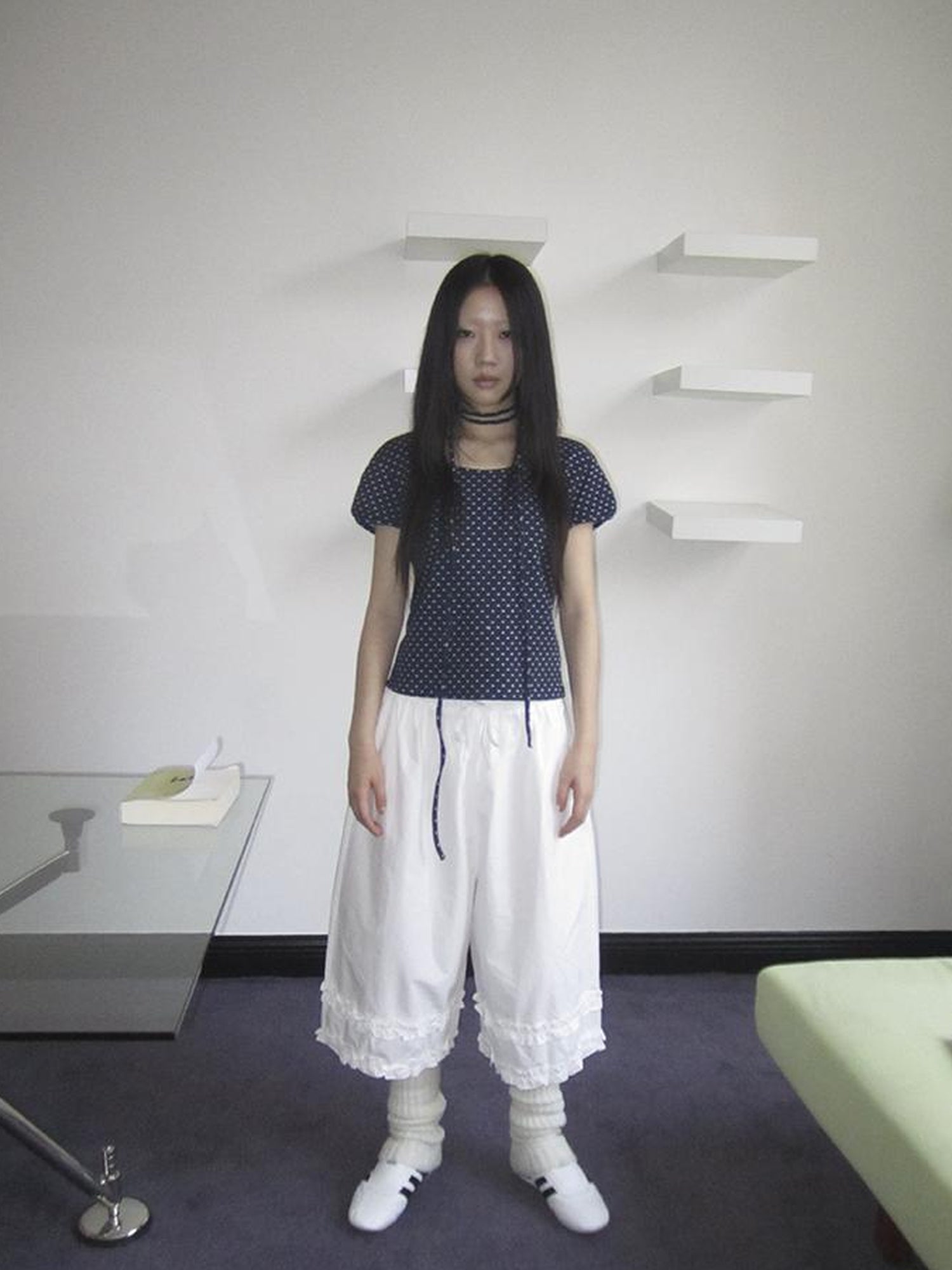 Updateang project Korean Inspired Dot Print Short Sleeve Tee With Scarf