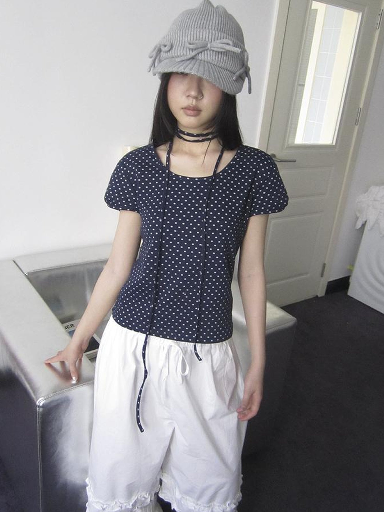 Updateang project Korean Inspired Dot Print Short Sleeve Tee With Scarf
