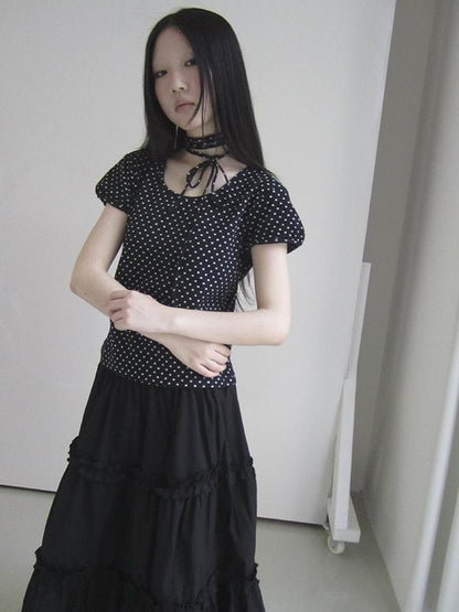 Updateang project Korean Inspired Dot Print Short Sleeve Tee With Scarf