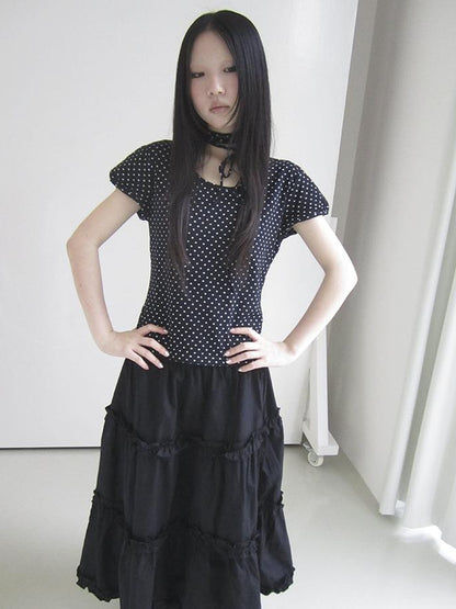 Updateang project Korean Inspired Dot Print Short Sleeve Tee With Scarf