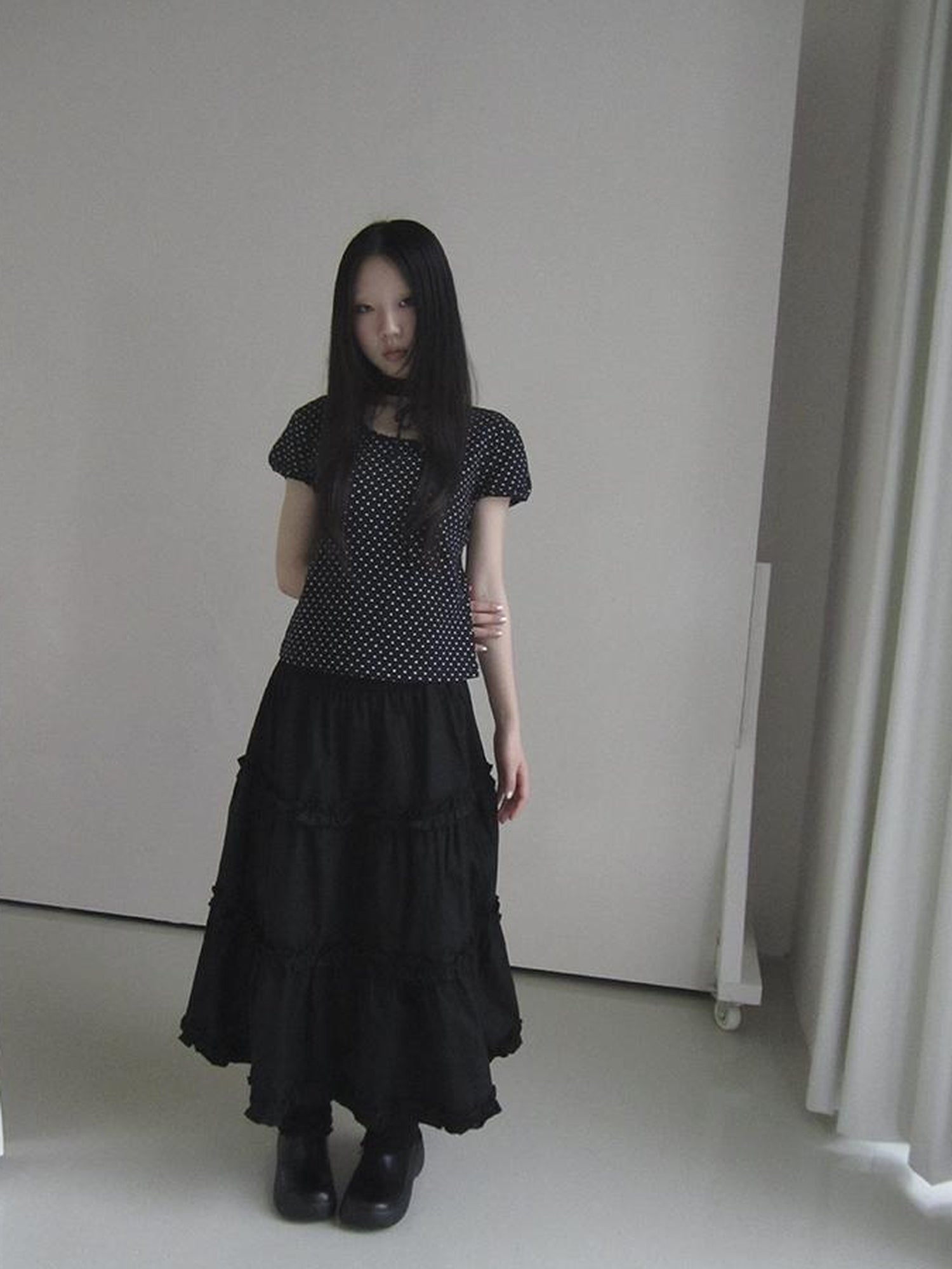 Updateang project Korean Inspired Dot Print Short Sleeve Tee With Scarf