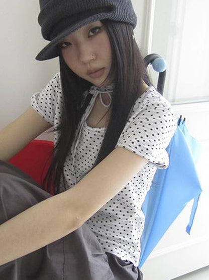 Updateang project Korean Inspired Dot Print Short Sleeve Tee With Scarf