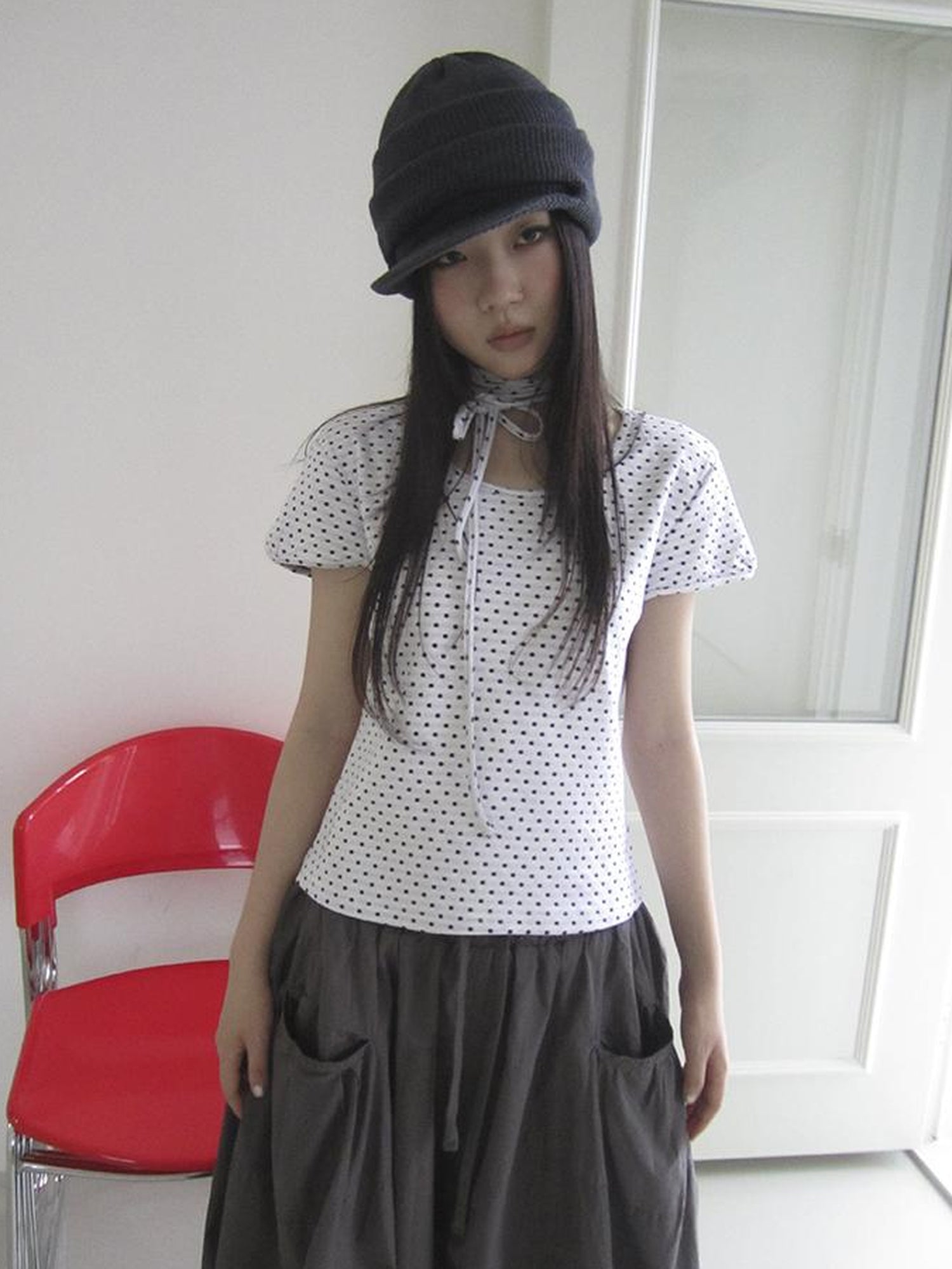 Updateang project Korean Inspired Dot Print Short Sleeve Tee With Scarf