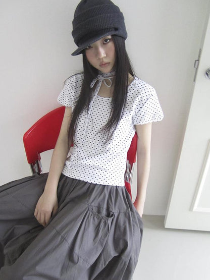 Updateang project Korean Inspired Dot Print Short Sleeve Tee With Scarf