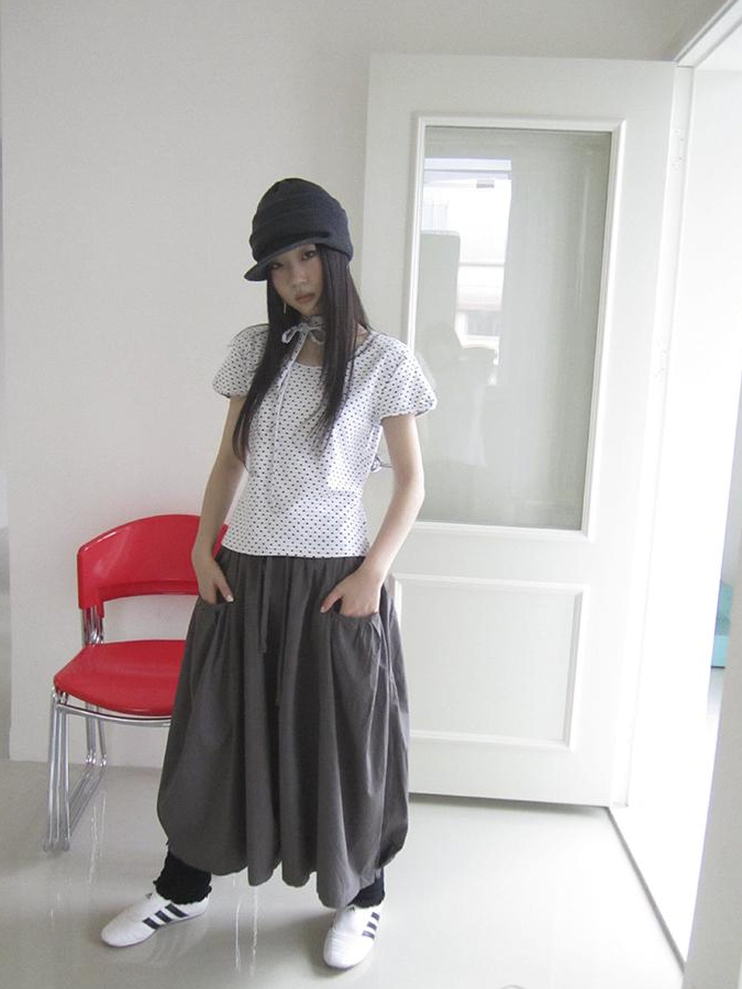 Updateang project Korean Inspired Dot Print Short Sleeve Tee With Scarf