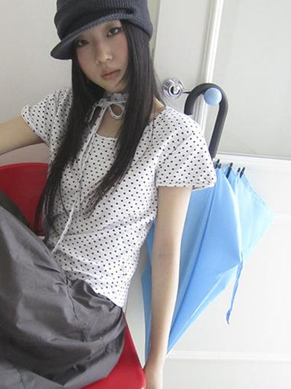 Updateang project Korean Inspired Dot Print Short Sleeve Tee With Scarf