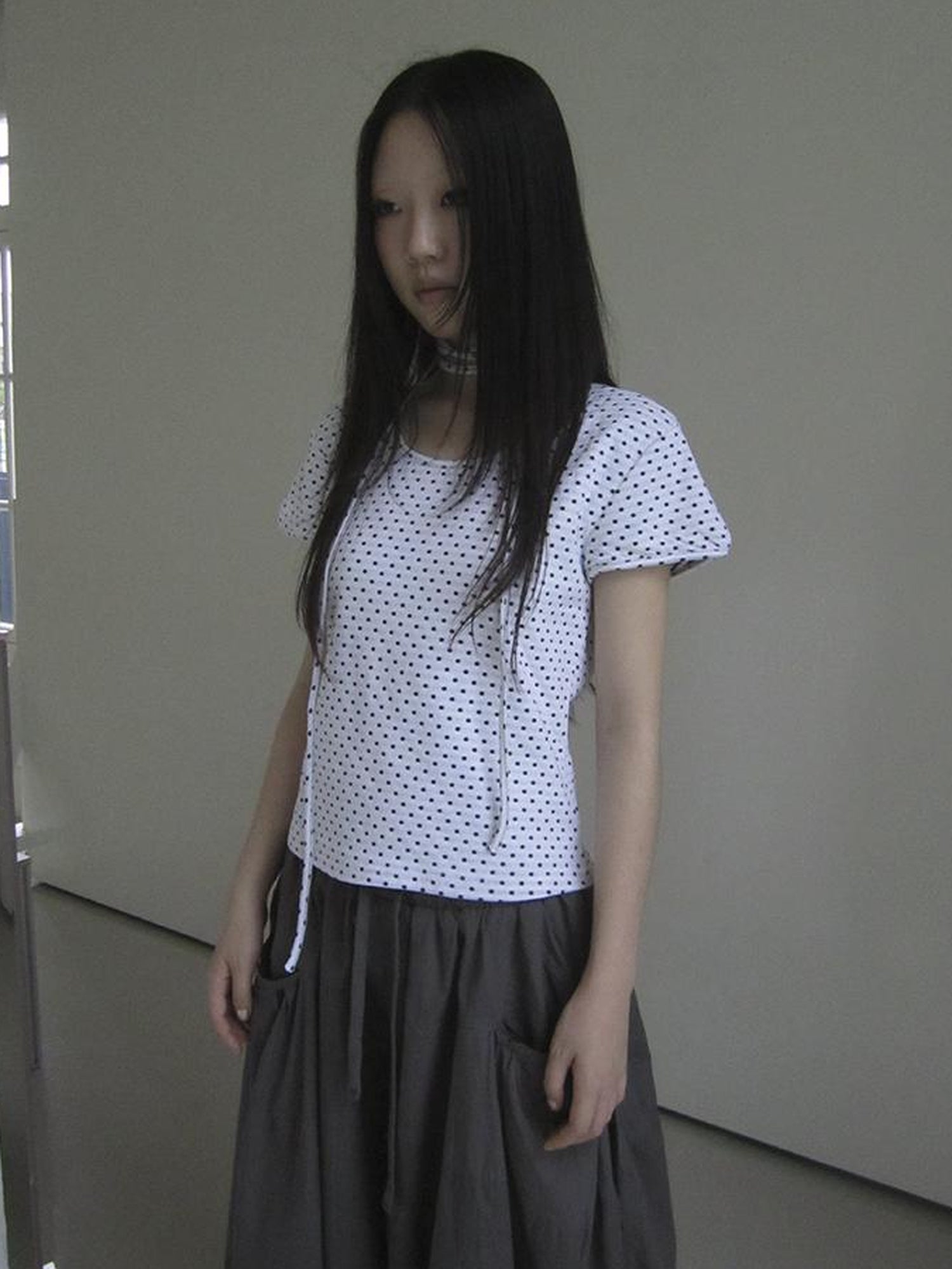 Updateang project Korean Inspired Dot Print Short Sleeve Tee With Scarf