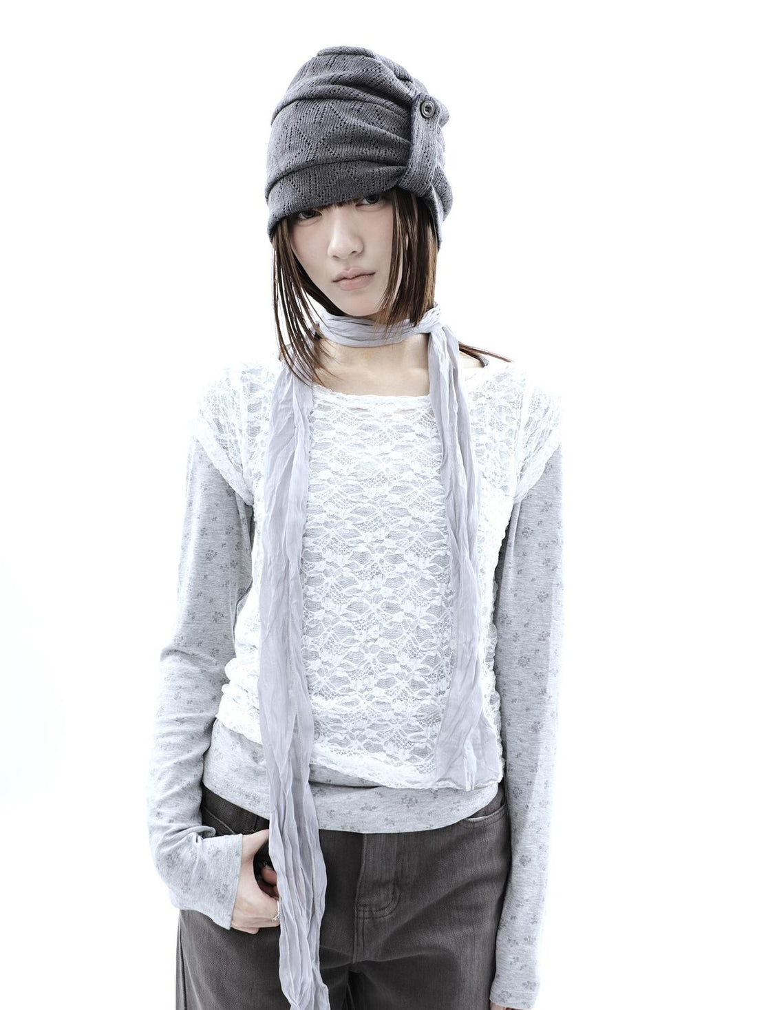 ang project Korean Lace Sheer Layered Cropped Slim Fit Women&