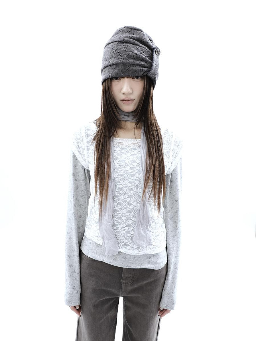 ang project Korean Lace Sheer Layered Cropped Slim Fit Women&