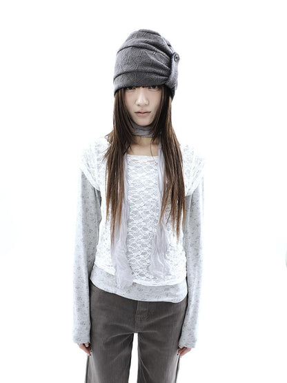 ang project Korean Lace Sheer Layered Cropped Slim Fit Women&