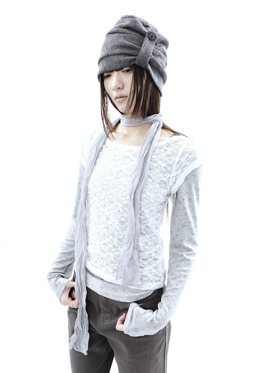 ang project Korean Lace Sheer Layered Cropped Slim Fit Women&