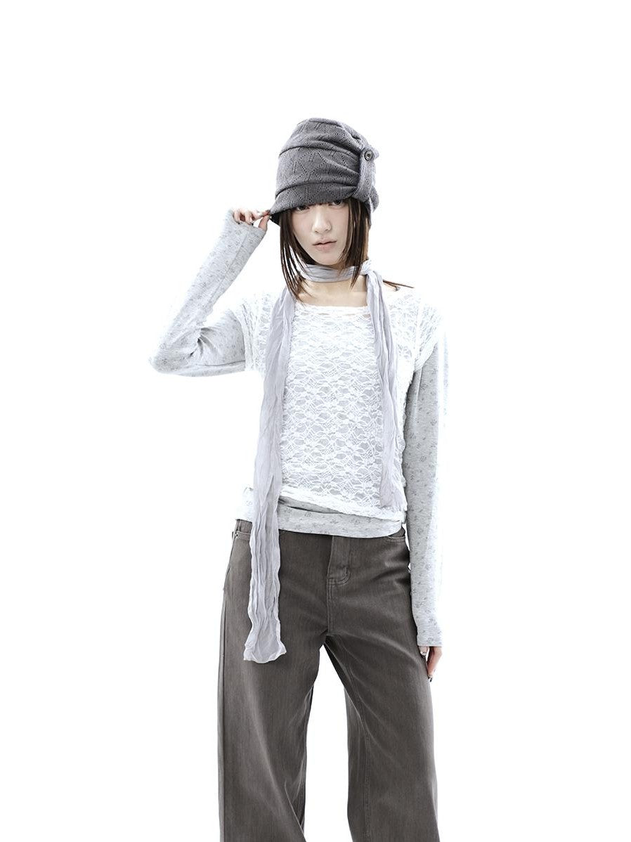 ang project Korean Lace Sheer Layered Cropped Slim Fit Women&