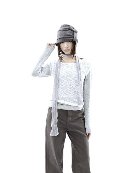 ang project Korean Lace Sheer Layered Cropped Slim Fit Women&