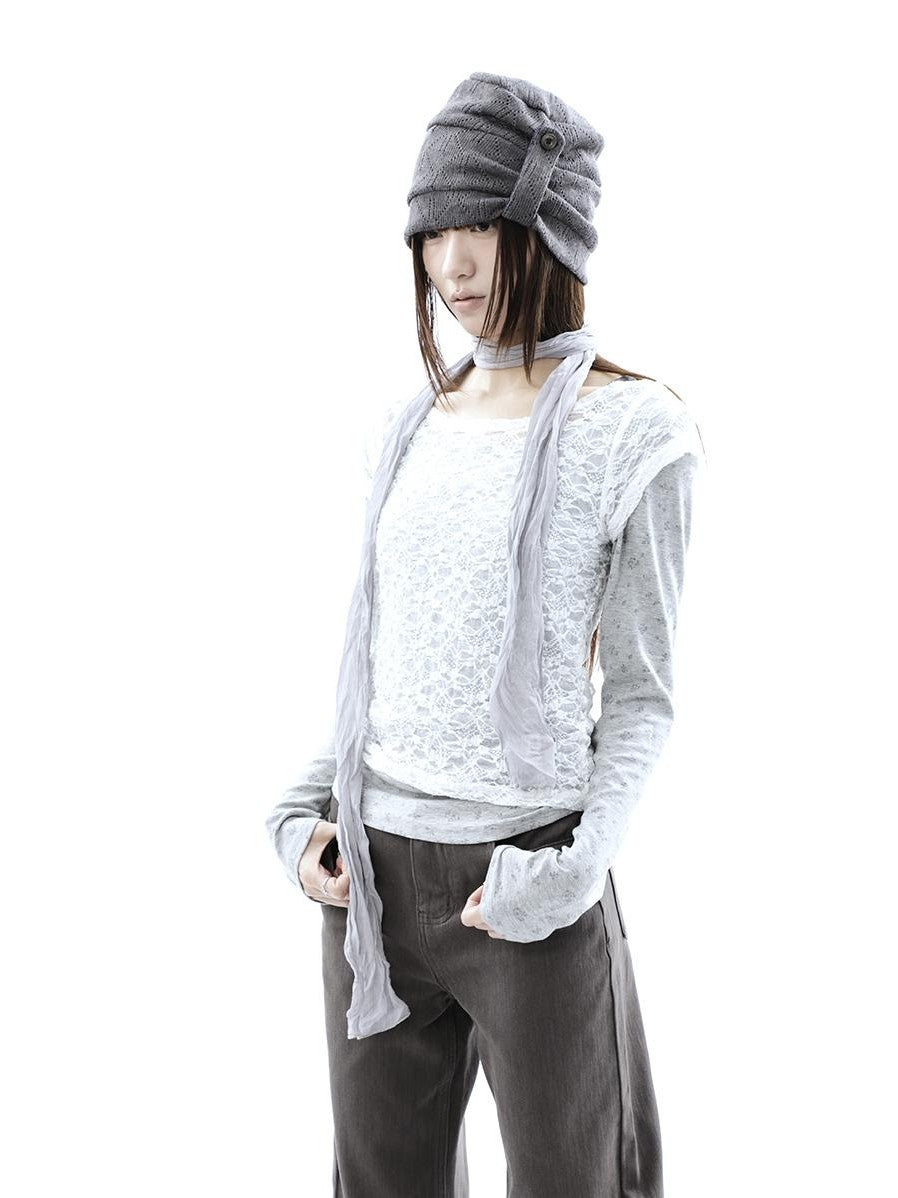 ang project Korean Lace Sheer Layered Cropped Slim Fit Women&