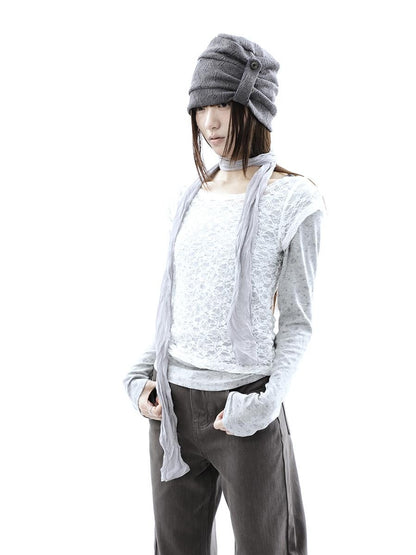 ang project Korean Lace Sheer Layered Cropped Slim Fit Women&