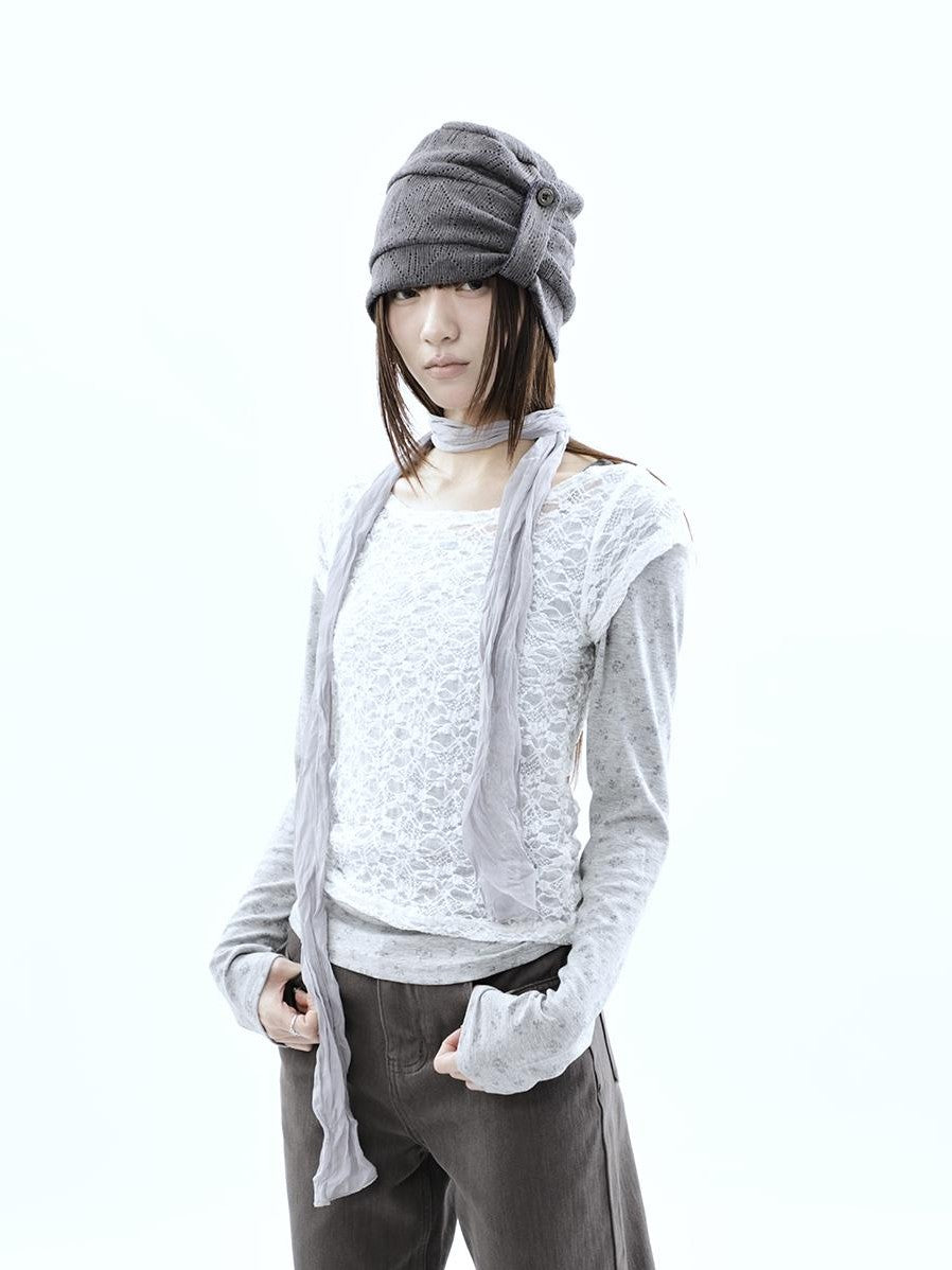 ang project Korean Lace Sheer Layered Cropped Slim Fit Women&