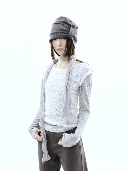 ang project Korean Lace Sheer Layered Cropped Slim Fit Women&