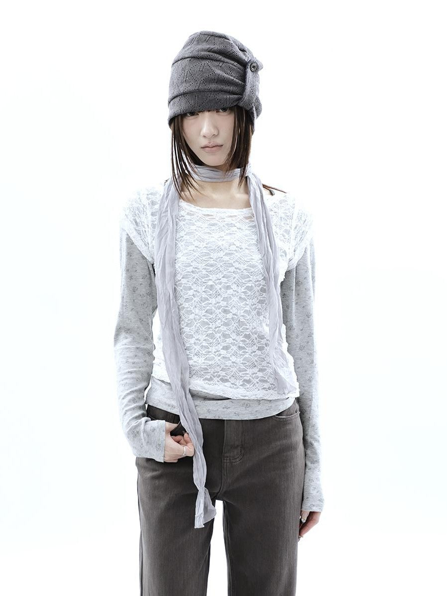 ang project Korean Lace Sheer Layered Cropped Slim Fit Women&