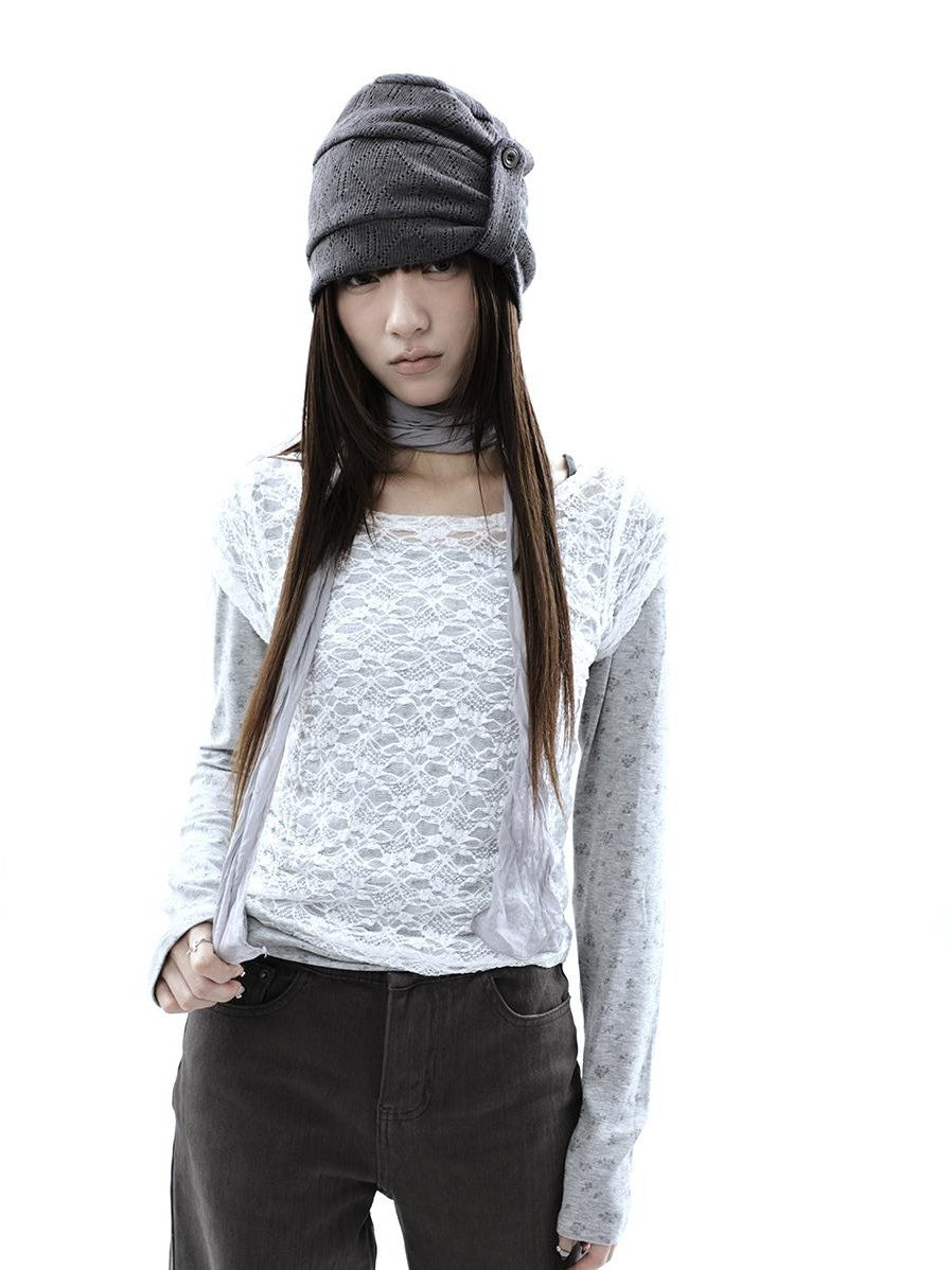 ang project Korean Lace Sheer Layered Cropped Slim Fit Women&