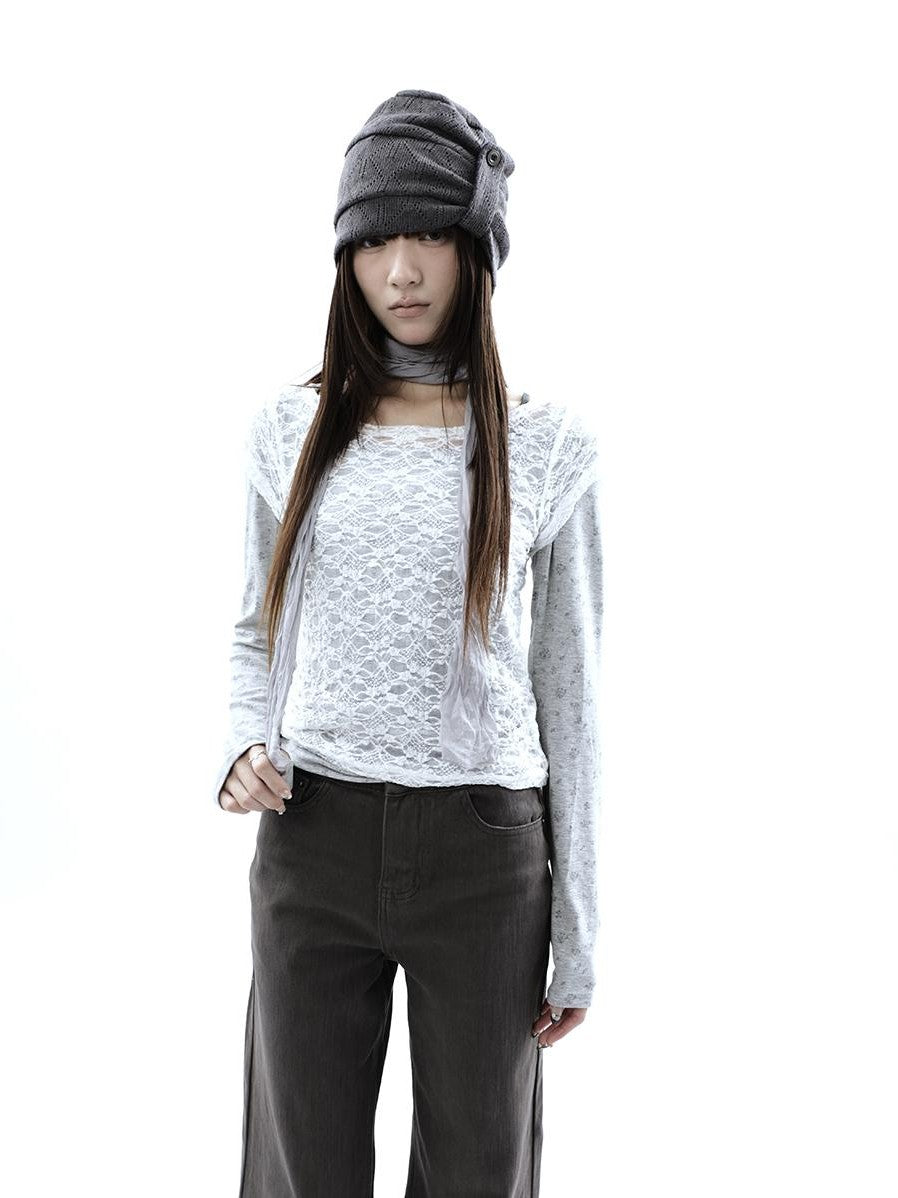 ang project Korean Lace Sheer Layered Cropped Slim Fit Women&