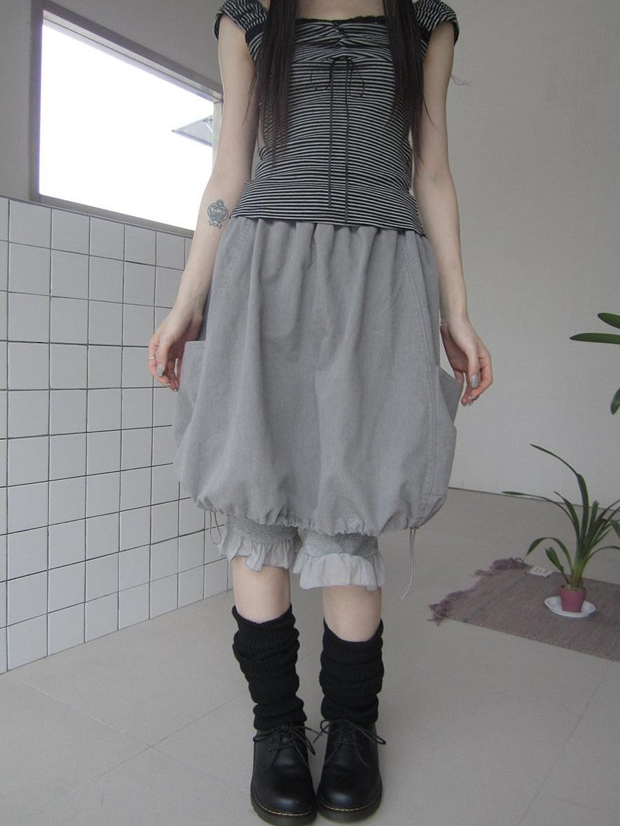 ang project Korean Large Pockets Drawstring Elastic Waist Bubble Women&