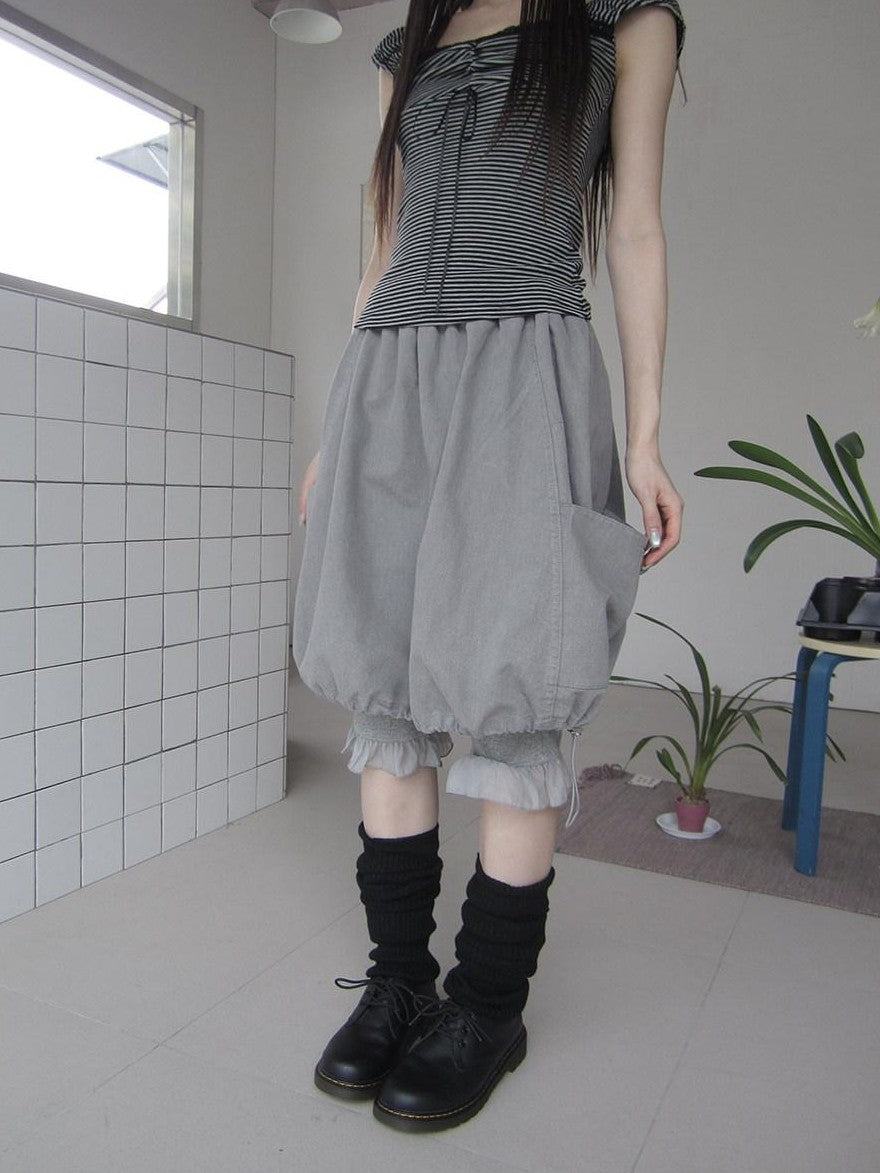 ang project Korean Large Pockets Drawstring Elastic Waist Bubble Women&