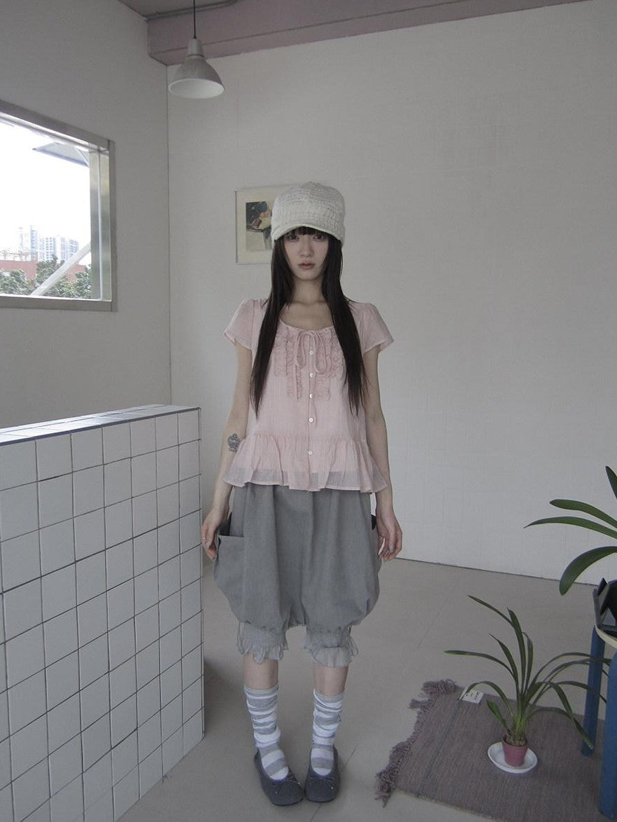 ang project Korean Large Pockets Drawstring Elastic Waist Bubble Women&