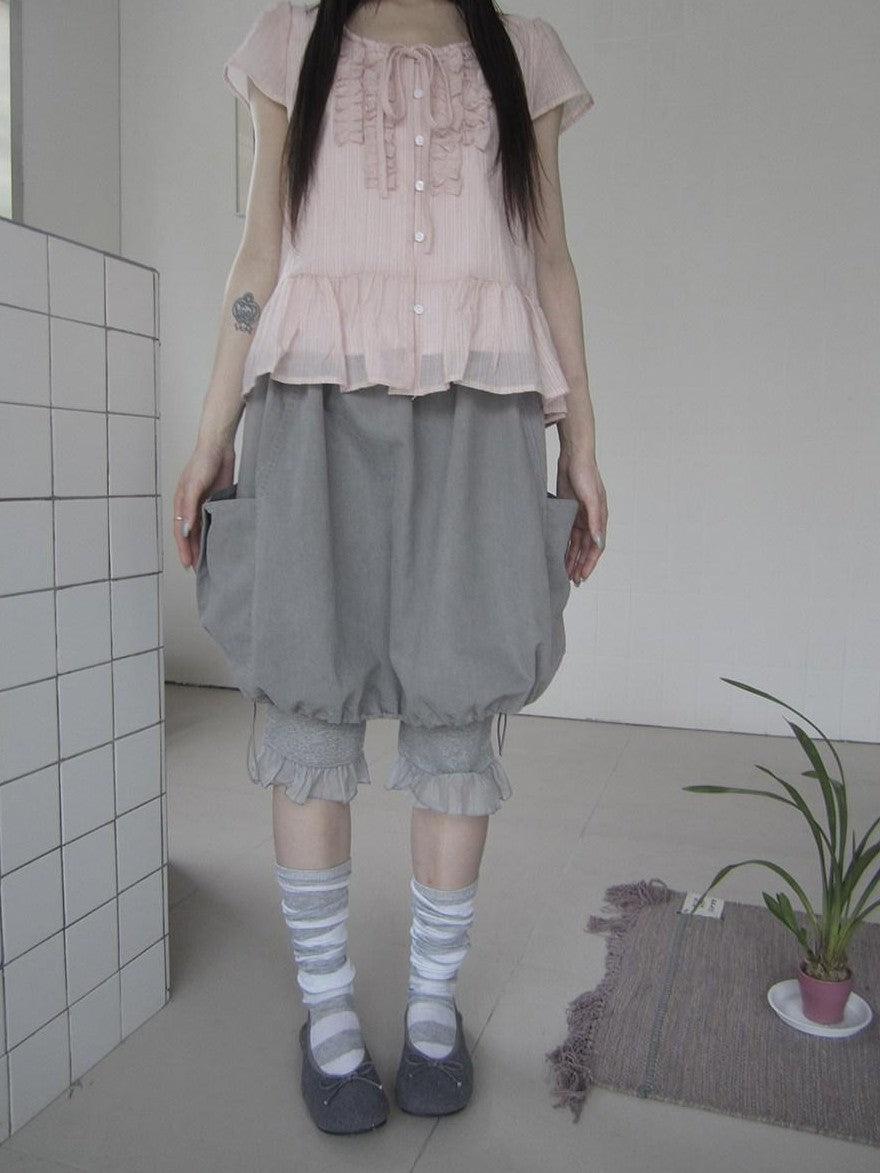 ang project Korean Large Pockets Drawstring Elastic Waist Bubble Women&