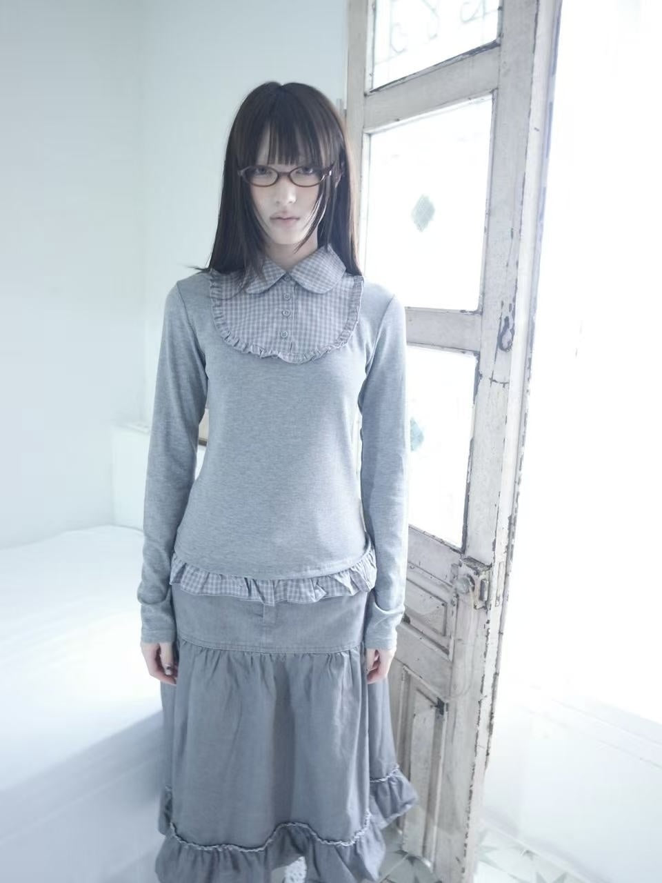 ang_project_Korean_Plaid_Spliced_Fake_Two_Piece_Pleated_Women&