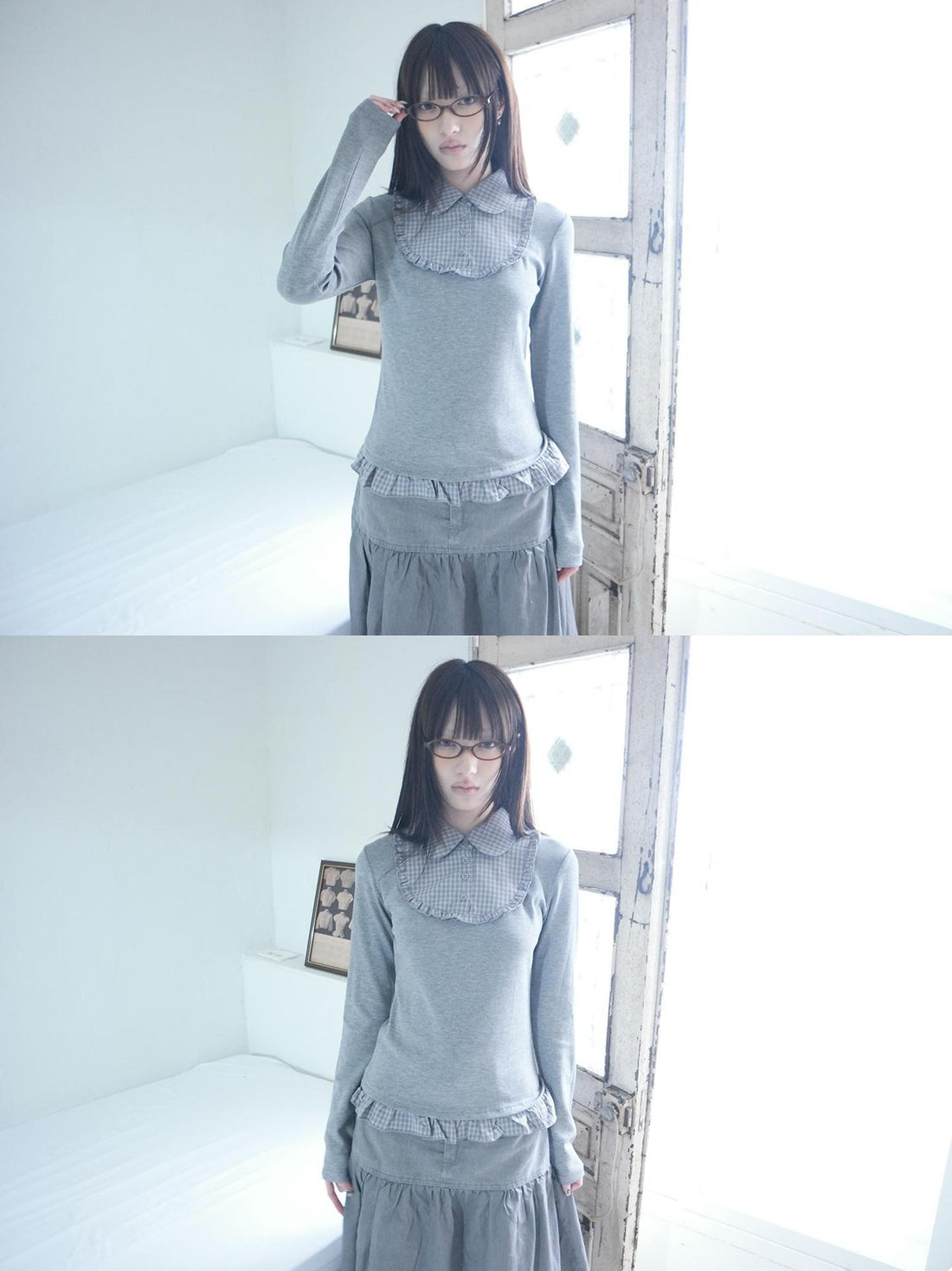 ang project Korean Plaid Spliced Fake Two Piece Pleated Women&