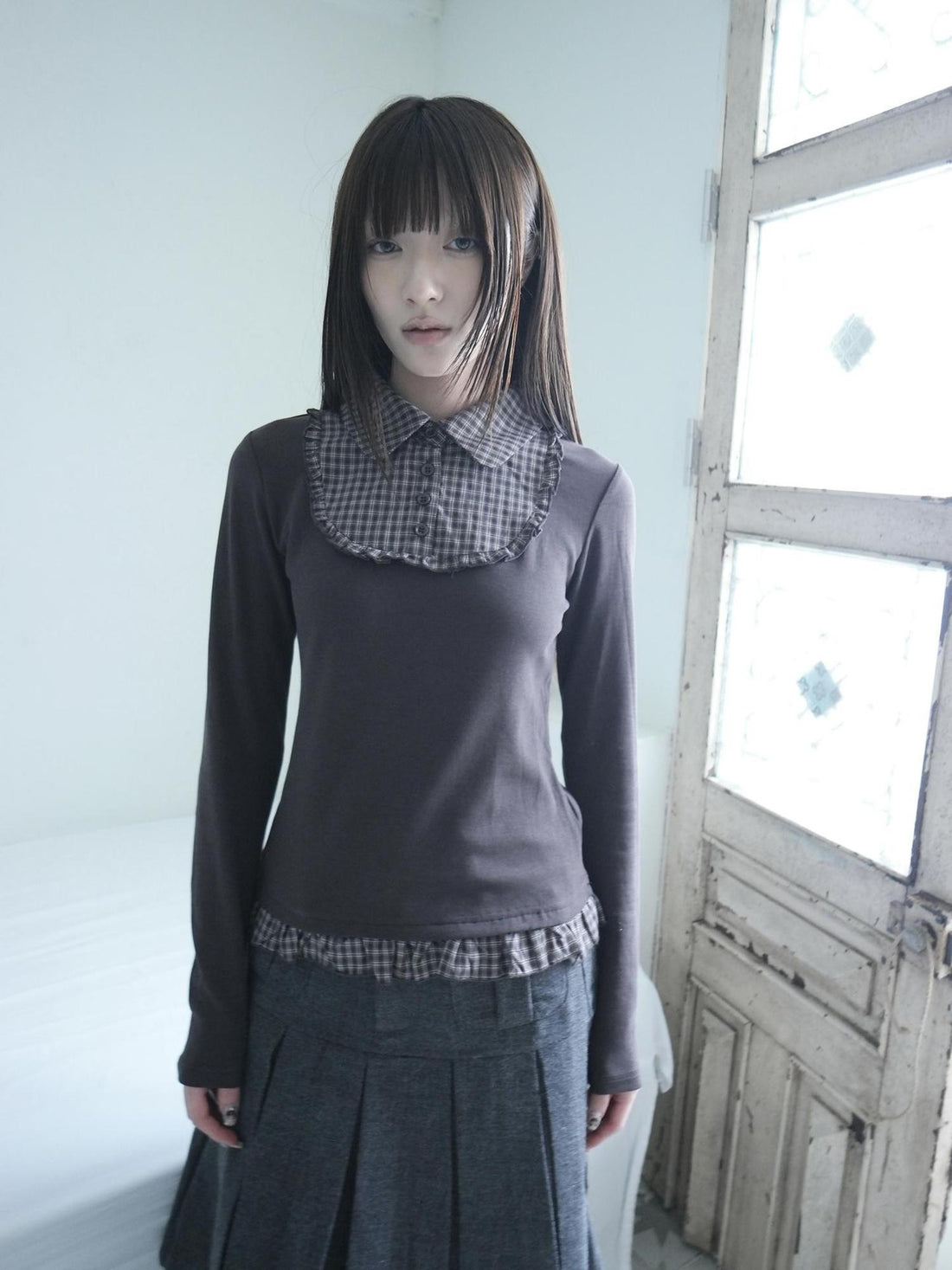 ang project Korean Plaid Spliced Fake Two Piece Pleated Women&