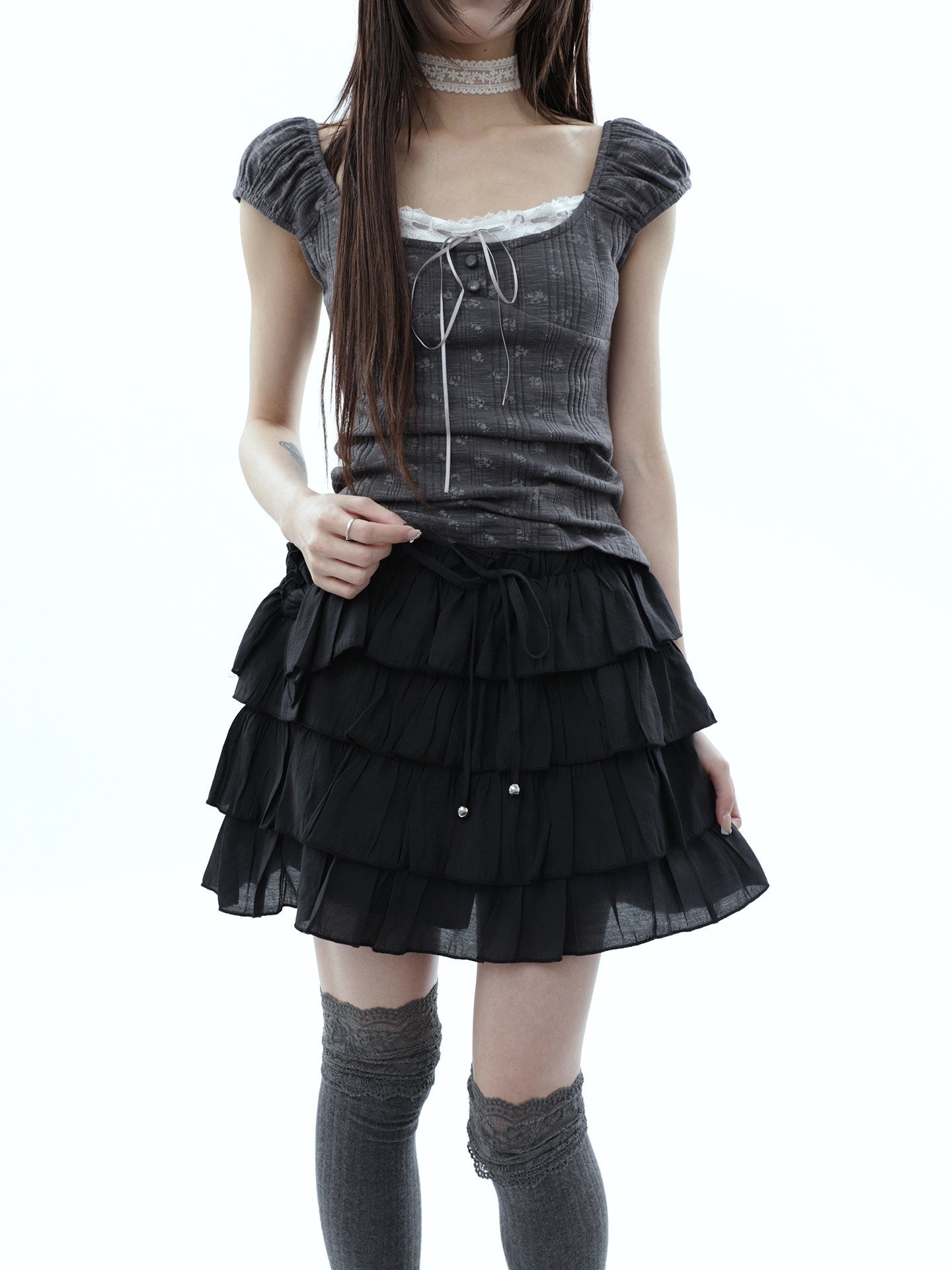 ang_project_Korean_Pleated_Drawstring_Elastic_Waist_Puff_Cake_Women&