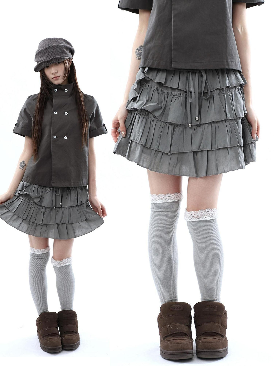 ang project Korean Pleated Drawstring Elastic Waist Puff Cake Women&