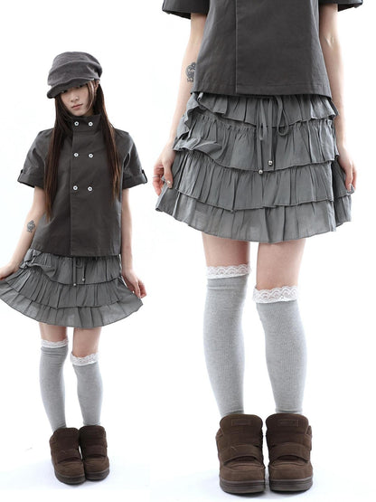 ang project Korean Pleated Drawstring Elastic Waist Puff Cake Women&
