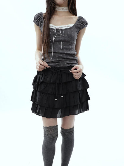 ang project Korean Pleated Drawstring Elastic Waist Puff Cake Women&