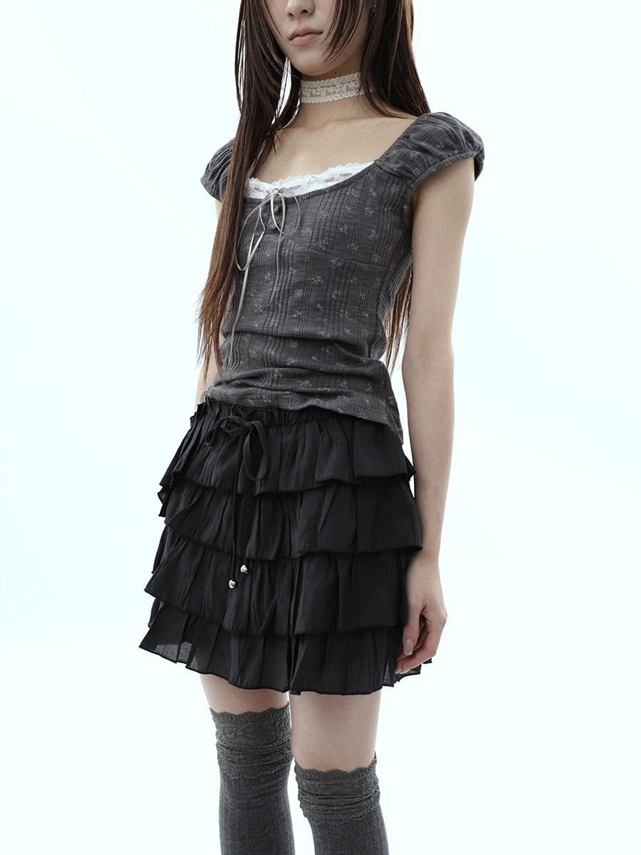 ang project Korean Pleated Drawstring Elastic Waist Puff Cake Women&