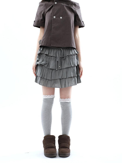 ang project Korean Pleated Drawstring Elastic Waist Puff Cake Women&
