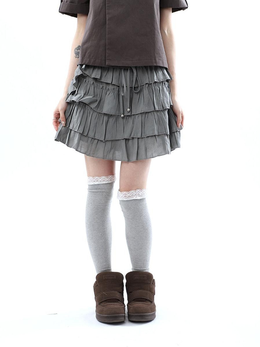 ang project Korean Pleated Drawstring Elastic Waist Puff Cake Women&
