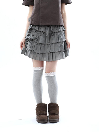 ang project Korean Pleated Drawstring Elastic Waist Puff Cake Women&