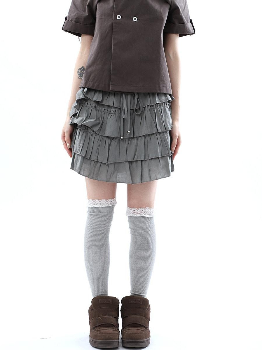 ang project Korean Pleated Drawstring Elastic Waist Puff Cake Women&
