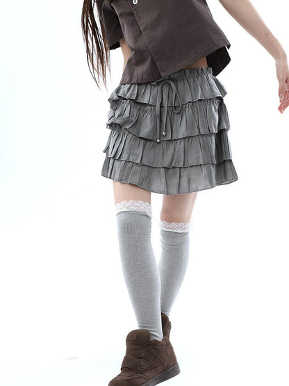 ang project Korean Pleated Drawstring Elastic Waist Puff Cake Women&